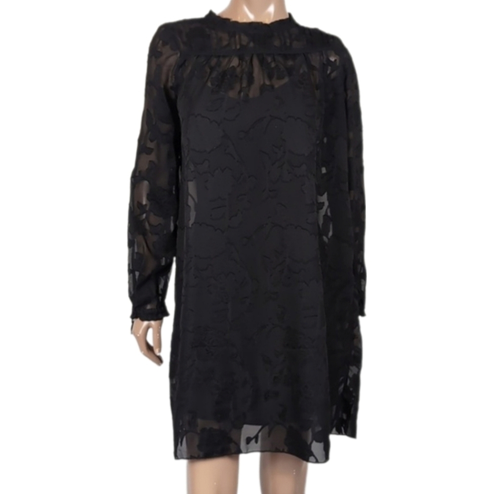 ABS Allen Schwartz Lace Shift Dress Long Sleeve Sheer Pleated Black Floral XS